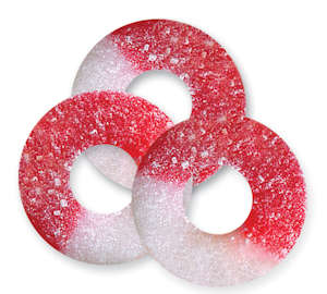 Albanese Gummi Cherry Rings  are cherry flavored gummy candy in red and white